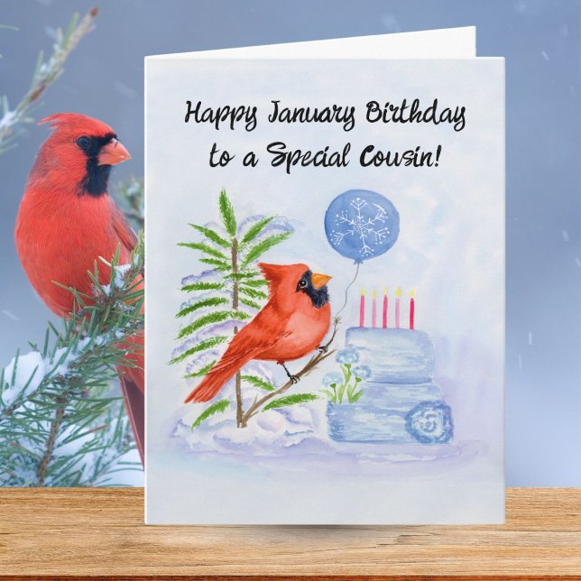 Cousin Happy January Birthday Cardinal with Cake Karte (Von Creator hochgeladen)