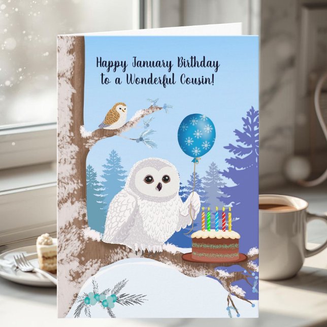 Cousin Happy January Birthday Snowy Owl Karte (Von Creator hochgeladen)