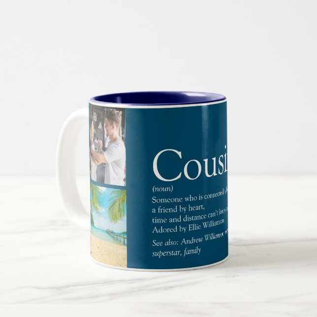 Cousin Modern 4 Foto Fun Blue Definition Zweifarbige Tasse (Vorderseite Links)