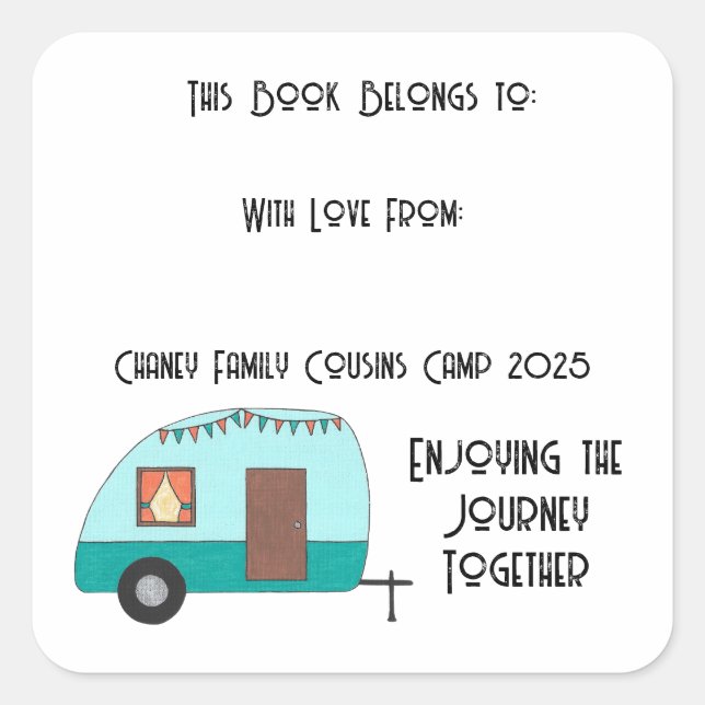 Cousins Camp Retro Camper Buchzeichen Quadratischer Aufkleber (Vorderseite)