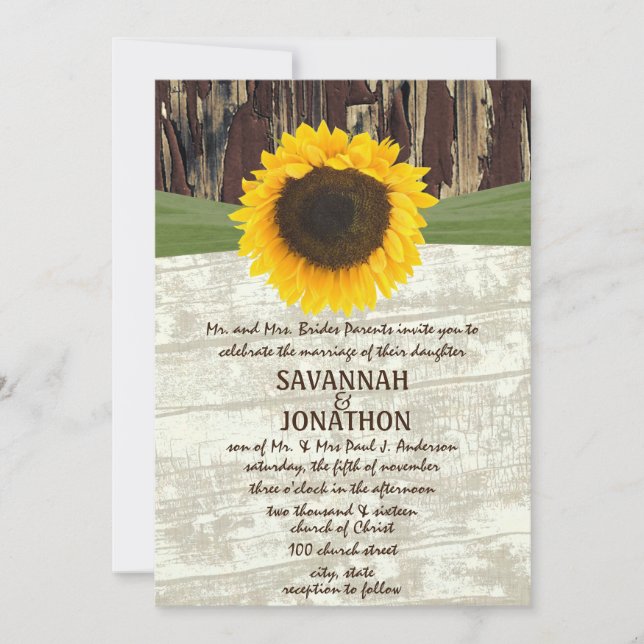 Coutry Chic Barn Wood Sunflower Wedding Einladung (Vorderseite)