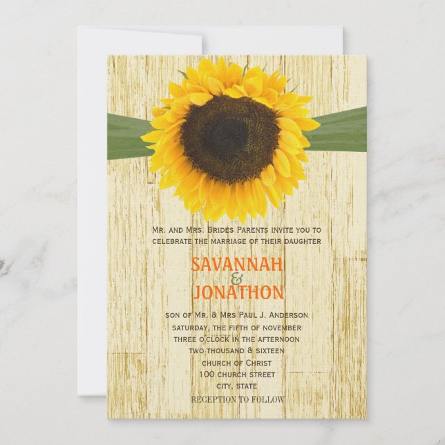 Coutry Chic Barn Wood Sunflower Wedding Einladung (Vorderseite)
