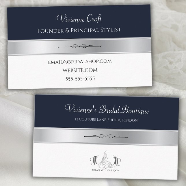 Couture Midnight Blue Brautsalon Visitenkarten Visitenkarte (Couture midnight blue and silver business card front layout for luxury bridal stylists.)