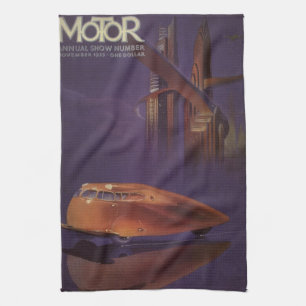 Cover des Vintagen Motor Magazine, Futuristic City Geschirrtuch