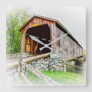Covered Bridge Art - Square Clock Quadratische Wanduhr