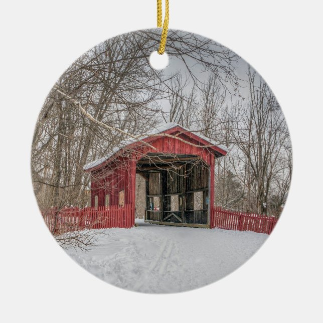 Covered Bridge Red Snow Foto Keramik Ornament (Vorne)