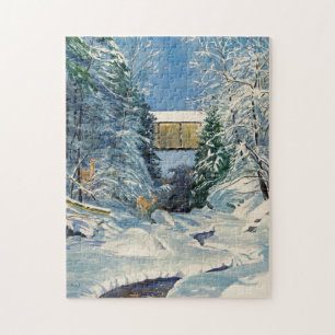 Covered Bridge with Snow and Deer at Stream Puzzle