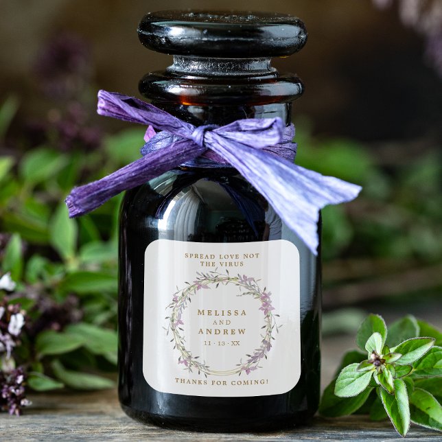 Covid19 Lilac Floral Wreath Wedding Sanitizer Gel Quadratischer Aufkleber (Von Creator hochgeladen)