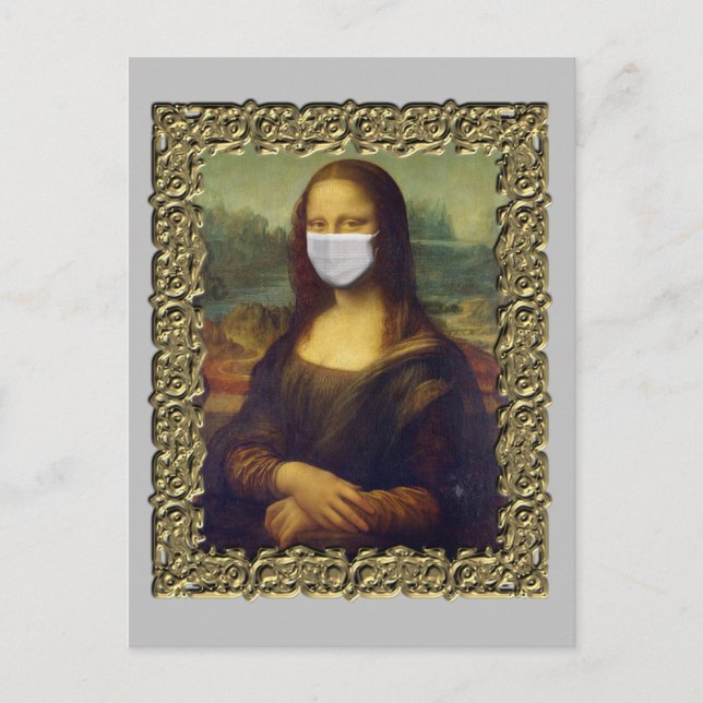Covid 2020: gerahmte Mona Lisa in Gesichtsmaske Postkarte (Vorderseite)