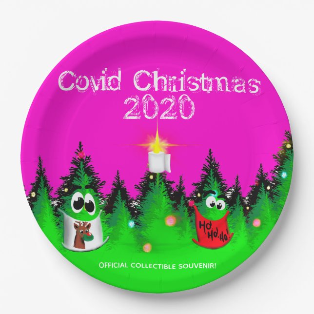 Covid Christmas 2020 lustige Maske mit Bäumen Pappteller (Vorderseite)