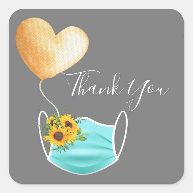 Covid Face Mask & Blume Vielen Dank Quadratischer Aufkleber (Vorderseite)