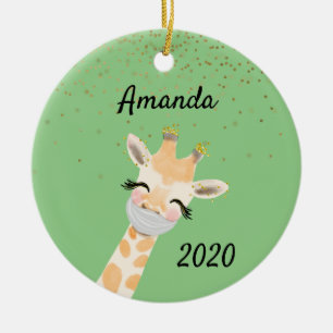 Covid-Giraffe mit Gesichtsmaske 2020 Keramik Ornament