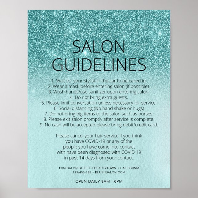 Covid Health Safety Aquamarin Blue Glitzer Friseur Poster (Vorne)