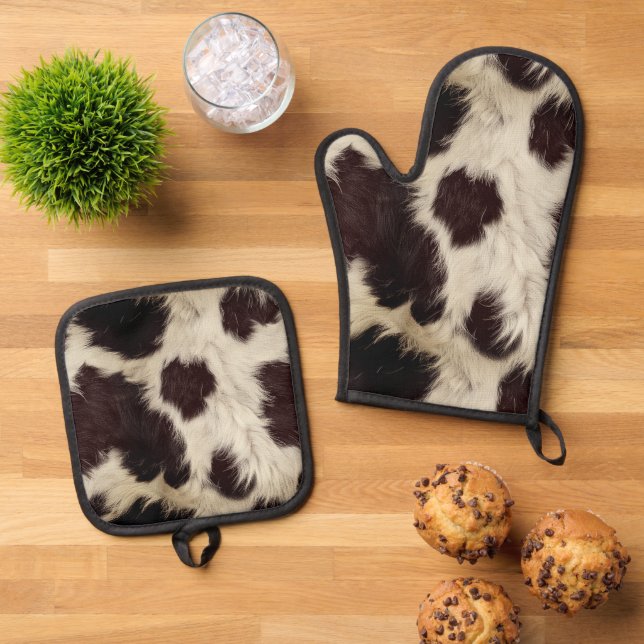 Cow Black White Spots Fur Ofenhandschuh & Topflappen-Set (Oben Unten)