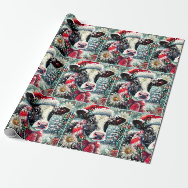Cow Dreaming of Warmer Times Floral Decoupage Geschenkpapier (Ungerollt)