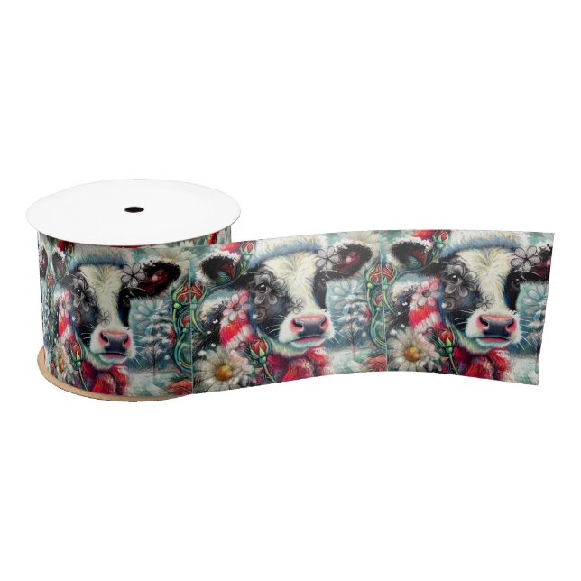 Cow Dreaming of Warmer Times Floral Decoupage Satinband (Spule)