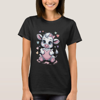 Cow Holding Heart Pink Coquette Bow Black & White T-Shirt