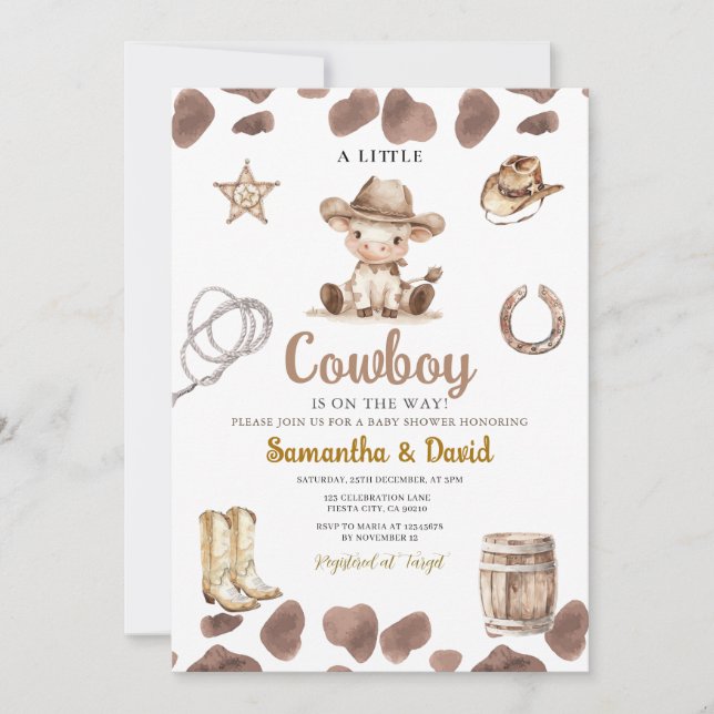 Cow Pattern Cowboy is on the Way Baby Shower  Einladung (Vorderseite)