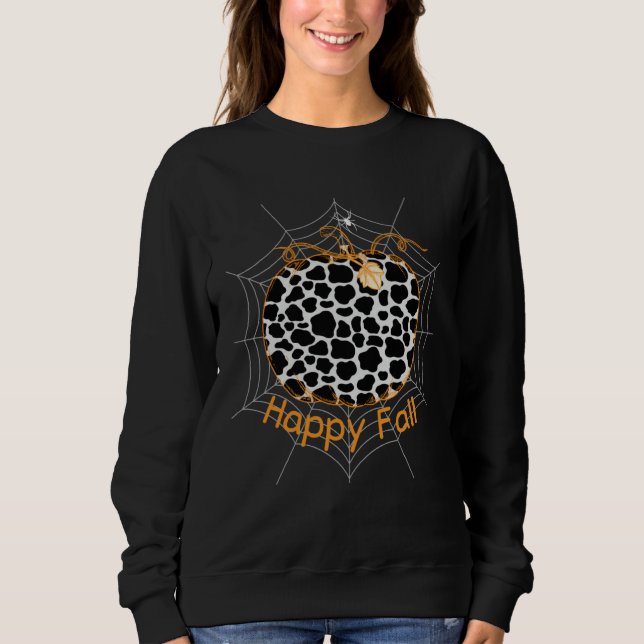 Cow Print Pattern Pumpkin Spider Halloween Happy F Sweatshirt (Vorderseite)