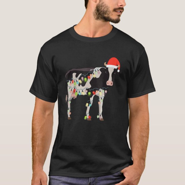 Cow Reindeer Hat Santa Christmas Lights Cow Christ T-Shirt (Vorderseite)
