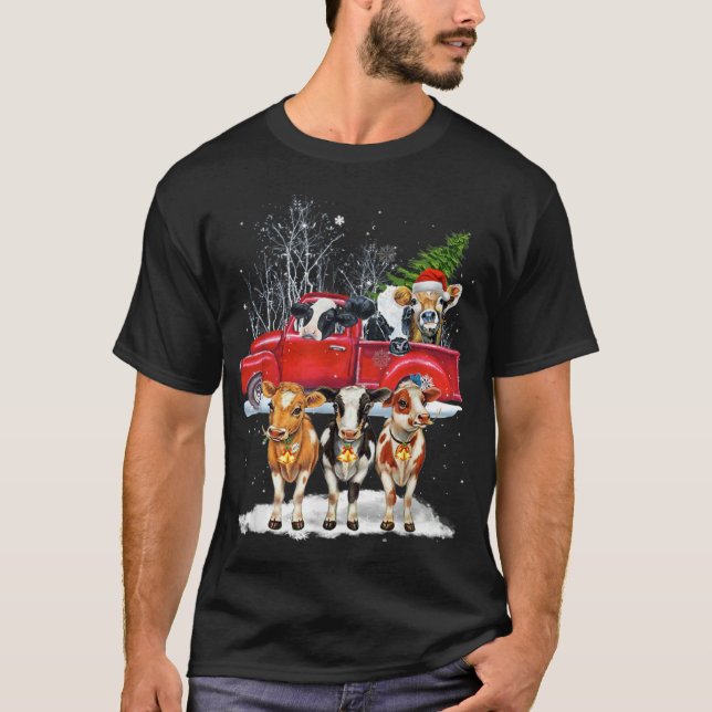 Cow Riding Red Truck Frohe Weihnachtsbauernhof Lie T-Shirt (Vorderseite)