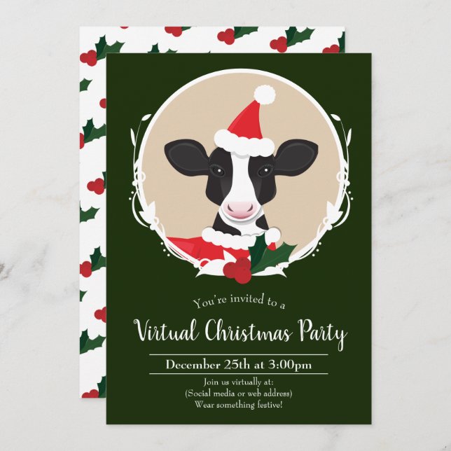 Cow Santa Green Virtual Christmas Party Einladung (Vorne/Hinten)