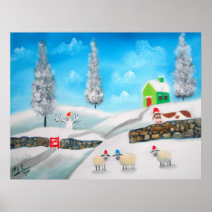 COW SHEEP Folk Winter SNOW SCENE Gemälde G Bruce Poster