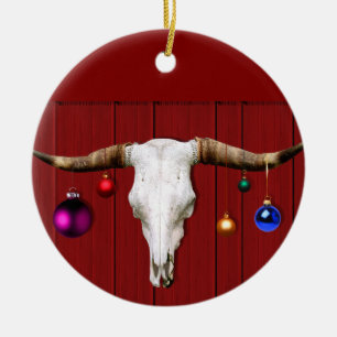 Cow Skull with Christmas Ornaments on Red Barn Keramikornament