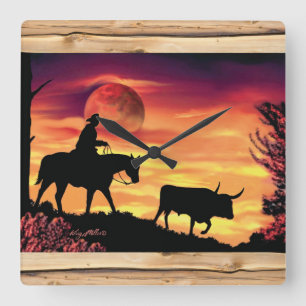 Cowboy And Longhorn Steer Square Wall Clock Quadratische Wanduhr