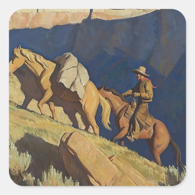 "Cowboy and Pack Horse" von Maynard Dixon Quadratischer Aufkleber (Vorderseite)