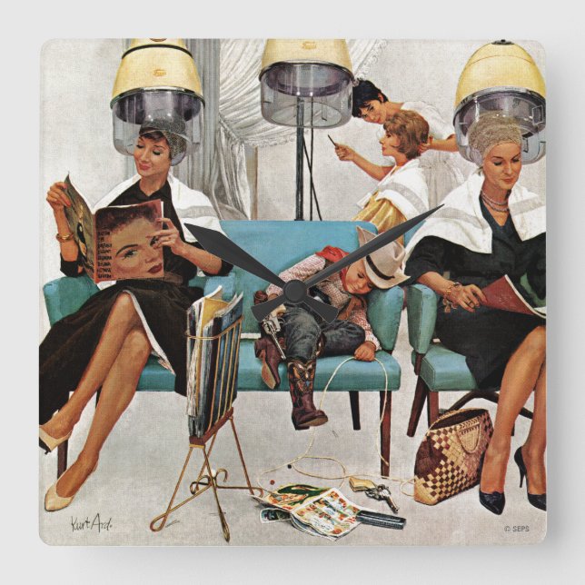 Cowboy Asleep in Beauty Salon Quadratische Wanduhr (Vorderseite)