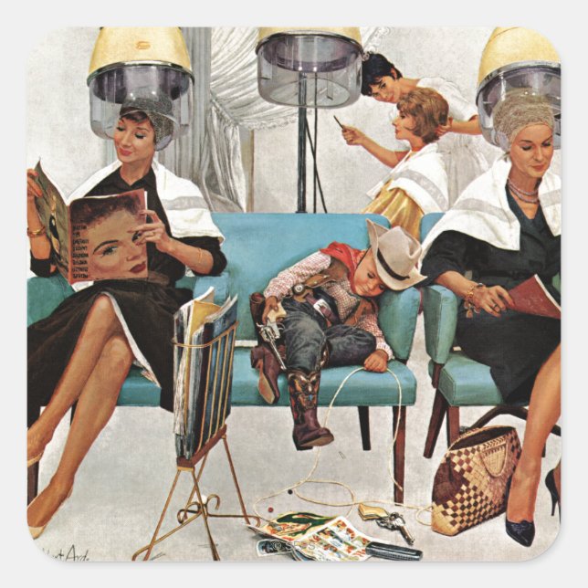 Cowboy Asleep in Beauty Salon Quadratischer Aufkleber (Vorderseite)