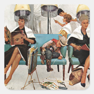 Cowboy Asleep in Beauty Salon Quadratischer Aufkleber