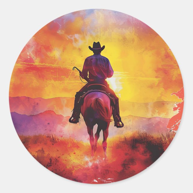 Cowboy auf dem Aufkleber für Sonnenuntergang. (Vorderseite)