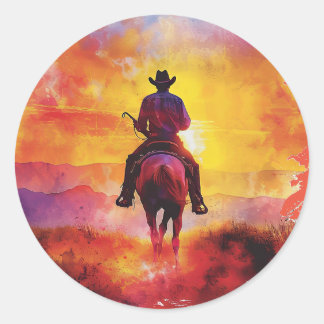 Cowboy auf dem Aufkleber für Sonnenuntergang.