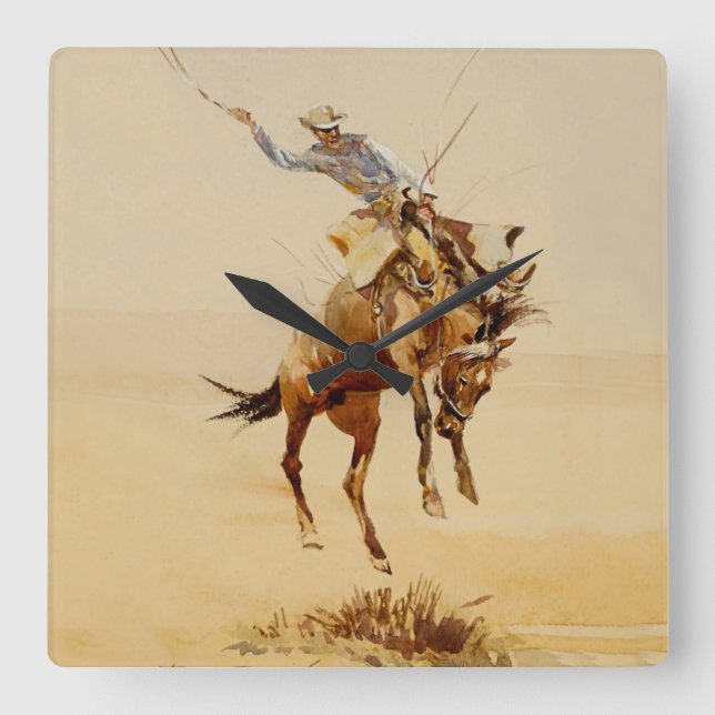 Cowboy auf einem Buckpferd #2 von Edward Borein Quadratische Wanduhr (Vorderseite)