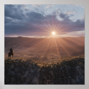 Cowboy auf einem Pferd bei Sonnenuntergang, Wüsten Poster