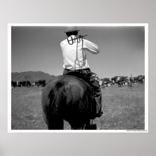 Cowboy auf einem Pferd mit zwei Marken. Poster