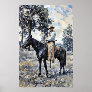 Cowboy auf einem Pferd sitzend, Western-Art malend Poster