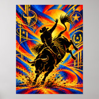 Cowboy auf einem Stier beim Rodeo-Silhouette Poster
