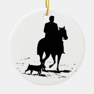 Cowboy auf seinem Pferd mit seiner Hundeverzierung Keramikornament