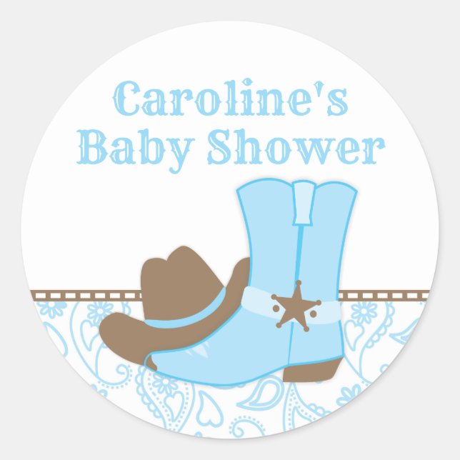 Cowboy Baby Dusche Blau und Braun Runder Aufkleber (Vorderseite)