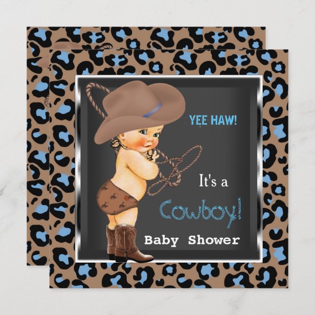 Cowboy Baby Shower Boy Blue Brown Einladung (Vorne/Hinten)