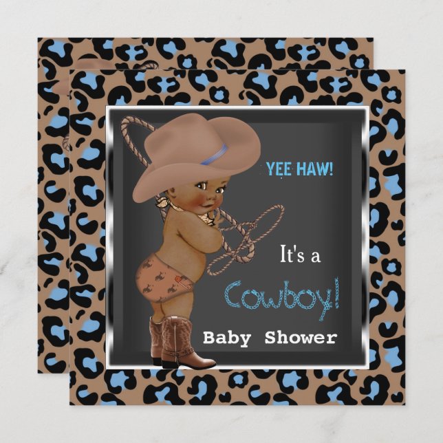 Cowboy Baby Shower Boy Blue Brown Ethnic Einladung (Vorne/Hinten)