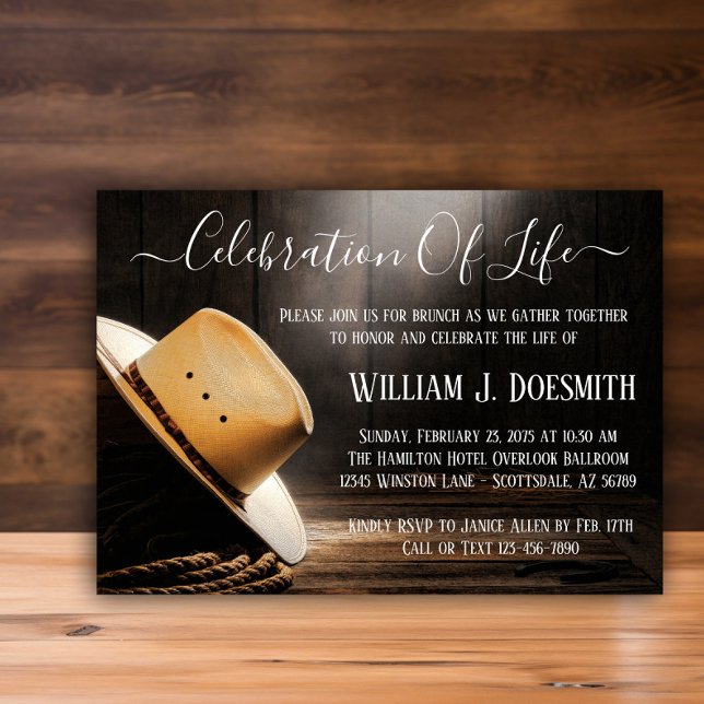 Cowboy-Beerdigungsdienst Einladung (Cowboy hat and rope memorial and funeral announcement. Simply add your event details.)