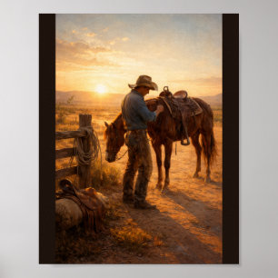 Cowboy beim Satteln beim Sonnenaufgang Poster