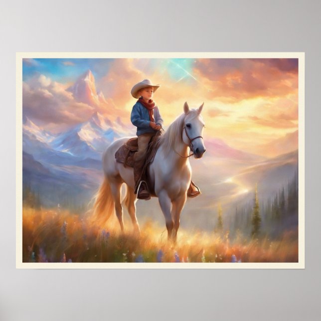 Cowboy Berggipfel Sunrise Boy's Bedroom Art Poster (Vorne)