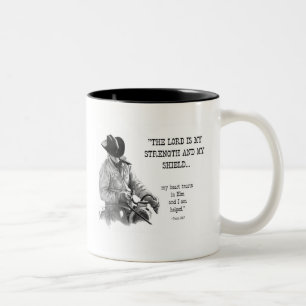 COWBOY: BIBEL: STÄRKE, SCHILD: BLEISTIFT-REALISMUS ZWEIFARBIGE TASSE