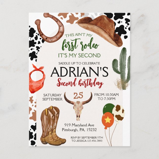 Cowboy Birthday 2. Rodeo Geburtstagsparty Postkarte (Vorderseite)