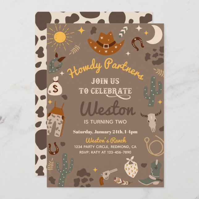 Cowboy Birthday Einladung | Einladung des Westerns (Vorne/Hinten)